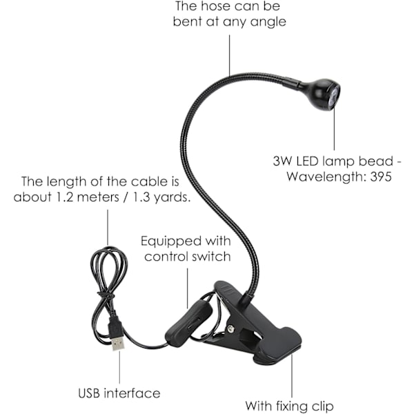 UV-gellampe 3W UV LED Fiolett USB med klipsbryter for mobiltelefon