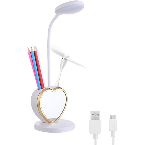Hvit skrivebordslampe for jenter, 5 i 1 søt skrivebordslampe med pennholder