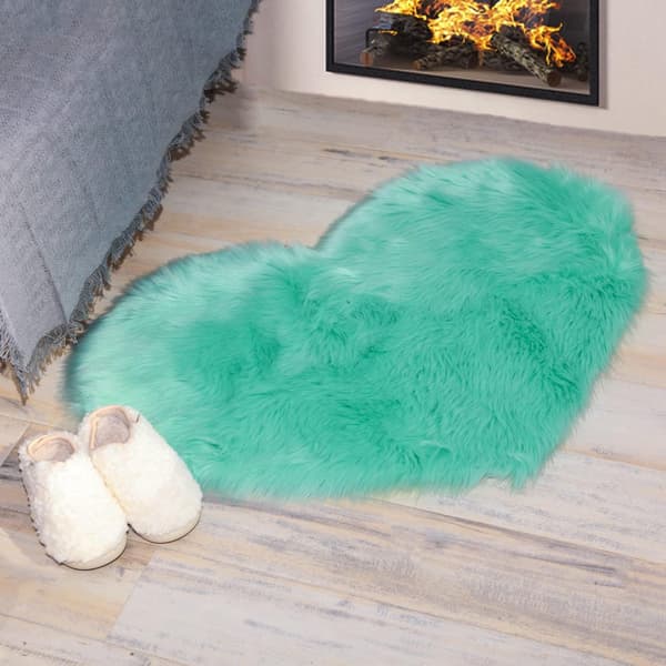 Super Blød Hjerteformet Kunstig Fåreskindspels Gulvtæppe Teal Fluffy Area R