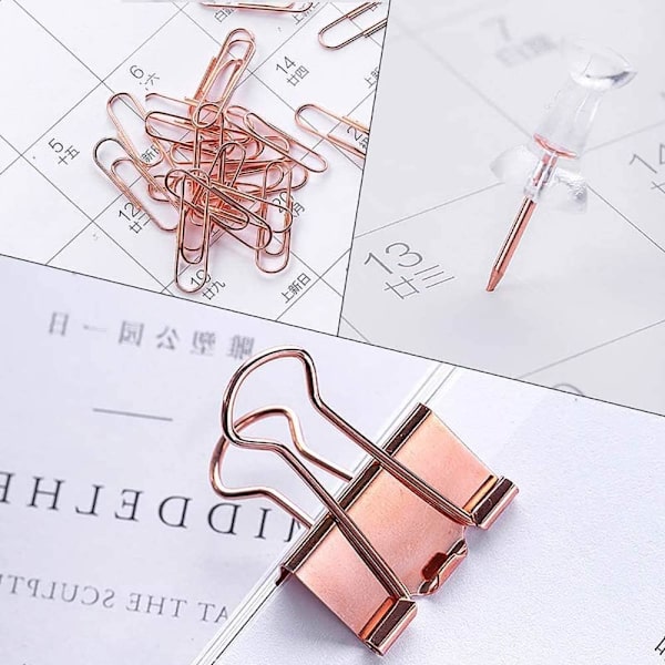 Roseguld Assorterede Binderclips, Papirclips, Push Pins Sæt, Holdbar