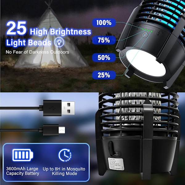 Bug zapper for utendørs bruk, 2000V elektrisk myggzapper med 3600mAh oppladbart batteri og LED-nattlys, trådløs bærbar