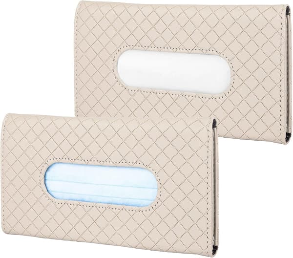 （Beige）Bilvävnadslåda (2 stycken), Bilvävnadshållare Solskydd, PU