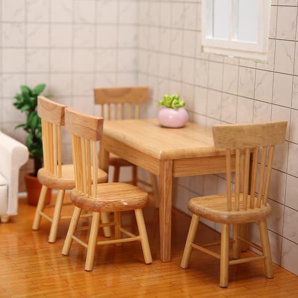 5 st 1/12 Dockhus Miniatyr Matbord Stol Trä Möbel
