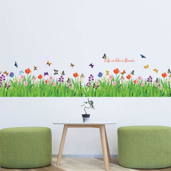 Wall Stickers Green Grass Flowers with Butterflies Decorative Sti