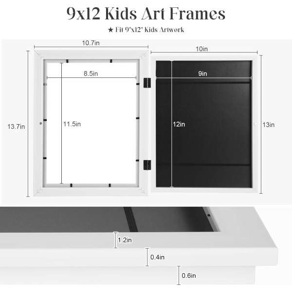 Barneramme for kunstverk, 9x12 tommer, frontåpning, utskiftbar, oppgradert hvit ramme for utstilling og oppbevaring av kunstverk på veggen