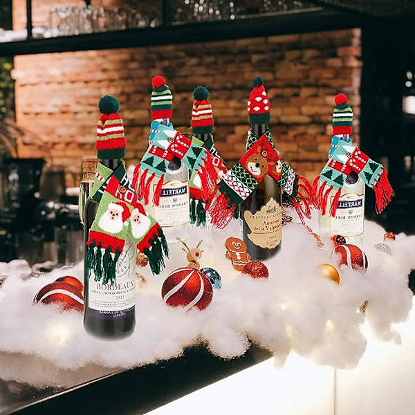 6 sett med julevinhette strikket skjerfhatt flaske jul DXGHC