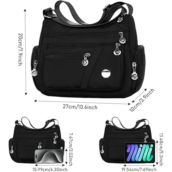 Vattentät nylon crossbody-väska med enkel axel - Svart