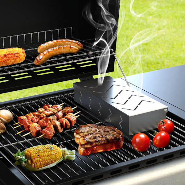 Grill Rygeboks, Rustfrit Stål Fødevaregodkendt, Fungerer med Træflis Røget BBQ-smag, Hængslet Låg, Vridningsfri Grilltilbehør