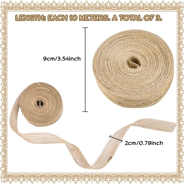 3 Ruller Burlap Bånd, 10m x 2cm Vintage Jutebånd Naturlig DXGHC