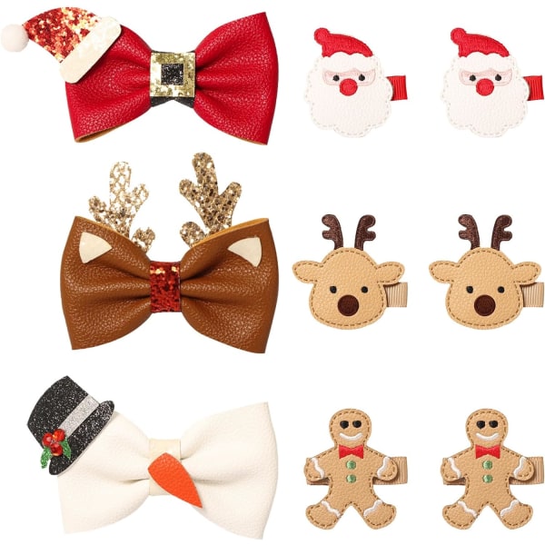 9 Pcs Christmas Hair Clips Set - 3 Large PU Hair Pins - 6 Small Gingerbread Santa Reindeer Hair Barrettes - Cute Hair Accessories for