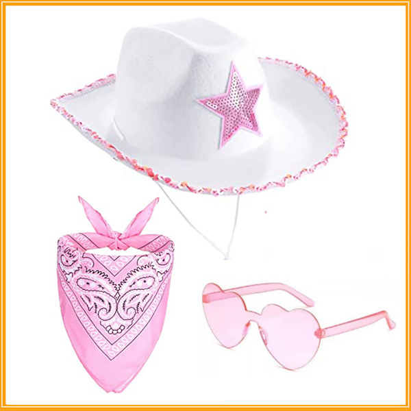 3 st sequin stjärnkoja cowboyhatt, vit västerländsk cowboyhatt, femuddig