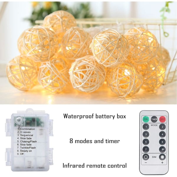 Paristokäyttöiset 40 LED-valoketjut, 16,4ft 40 palloa Rattan Bal