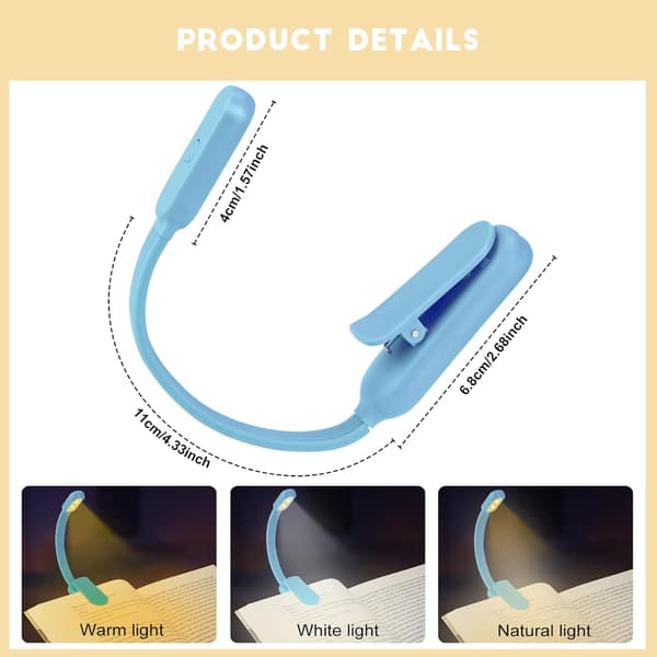 （Blå）Leselys, USB-oppladbar klips-leselys, 3 Mod
