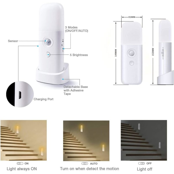 Laddningsbar LED-nattlampa för vuxna, 2000 mAh Inomhusrörelsesensor