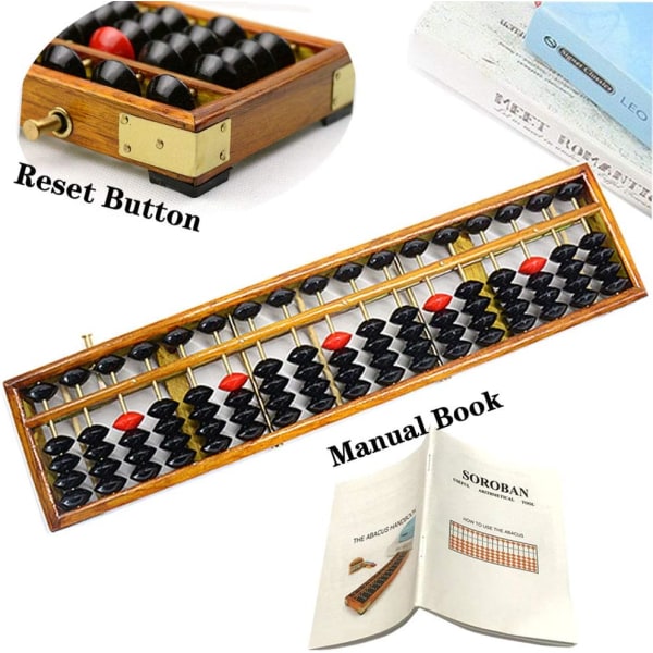 Trekulerram i vintagestil Soroban 17-søyle(15 tommer) Math Professional Abacus for voksne barn med guidehåndbok og re