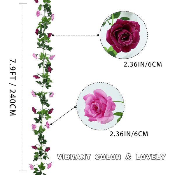 2 stk Kunstige Blomsterkranser 15,8 fot Rose Vine Silke Hengende