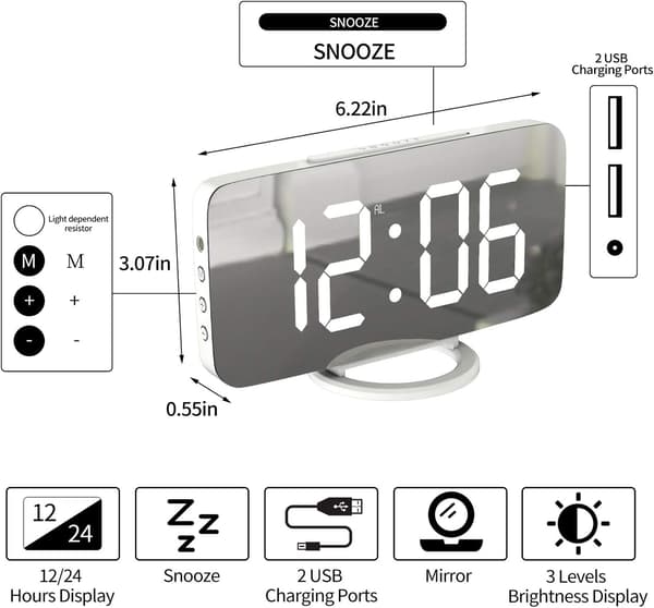 Digital väckarklocka, stor spegel LED-display med USB-laddare, S