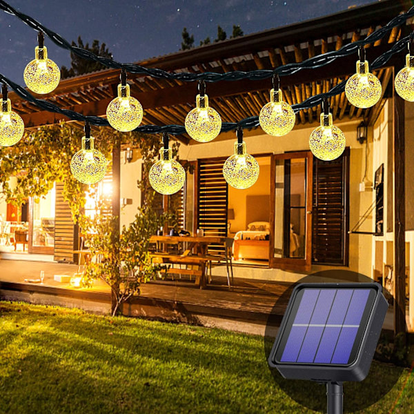 Udendørs Solcelledrevne Lysstrenge, 50 LED'er, 8 Tilstande, Krystal Kugle, Hvid