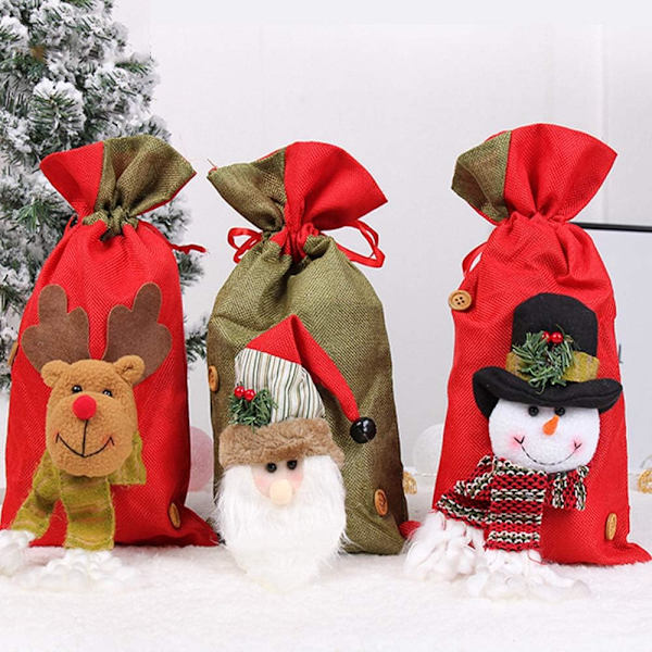 Juleposer med snøre, Santa Sække, 3D Designstof Jul