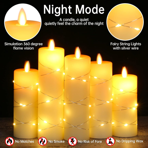 LED Candle, Battery Candle with Recessed String Lights, 5 Piece F