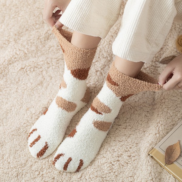 6 par Coral Fleece strumpor - Cat Paw Socks / Super Soft Plush Sli