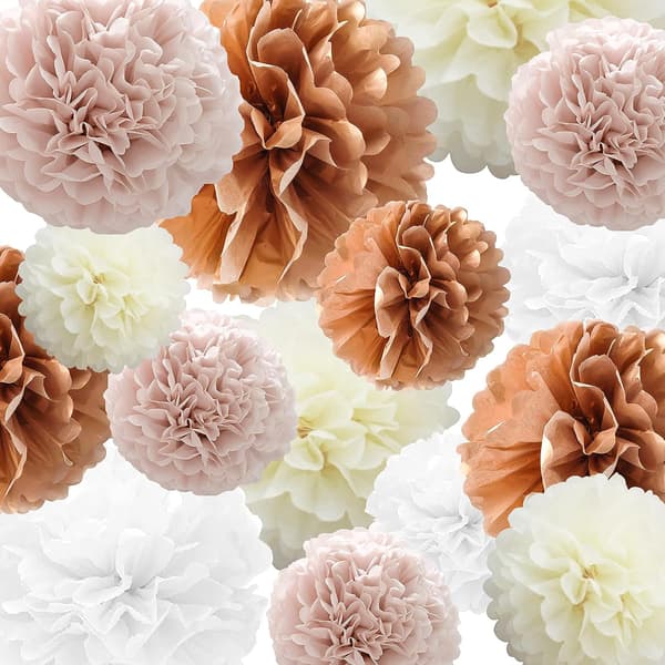 22 st Tissuepappersblommor Pom Pom Ros, roséguld, elfenben, vit