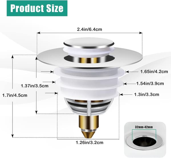 Universal Vaskesluk, Pop-Up Vaskestopper med 1 Pakninger for Badekar
