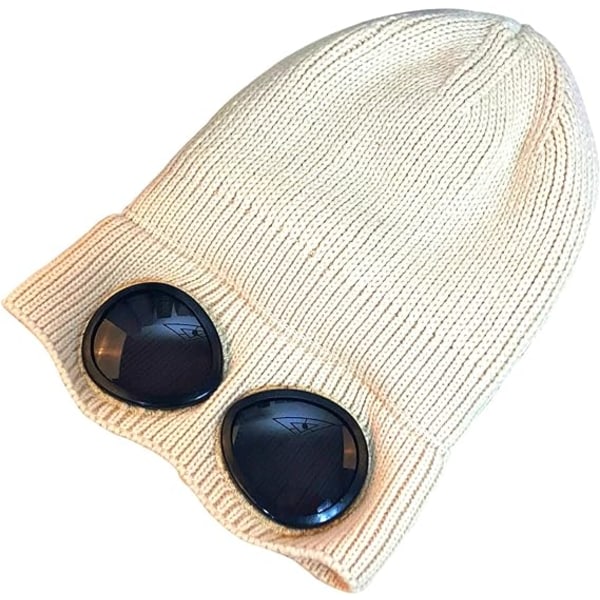 Unisex Goggle Beanie Strikket Vinter Chunky Beanie Hatt, Hvit