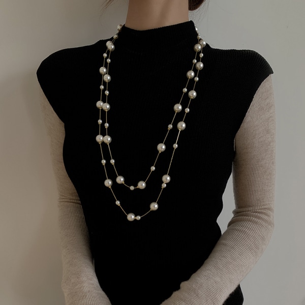 Ny version lång dubbel vit kort pärl tröja kedja halsband