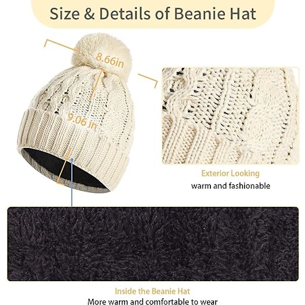 Fargerik Beanie-lue, skjerf og berøringsskjerm-hansker med pompom for kvinner