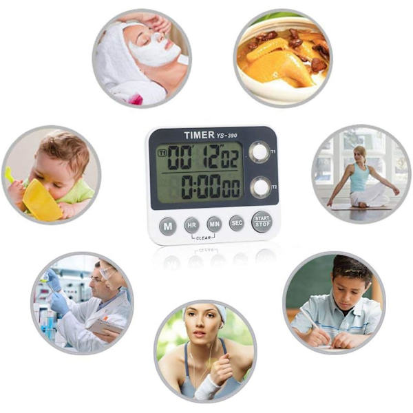 2 Kanals Køkken Timer, Justerbar Buzzer Volumen, Koge Timer