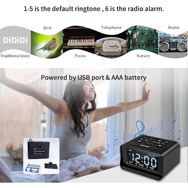 Klockradio med dubbla alarm, digital väckarklocka med 2 USB-laddare