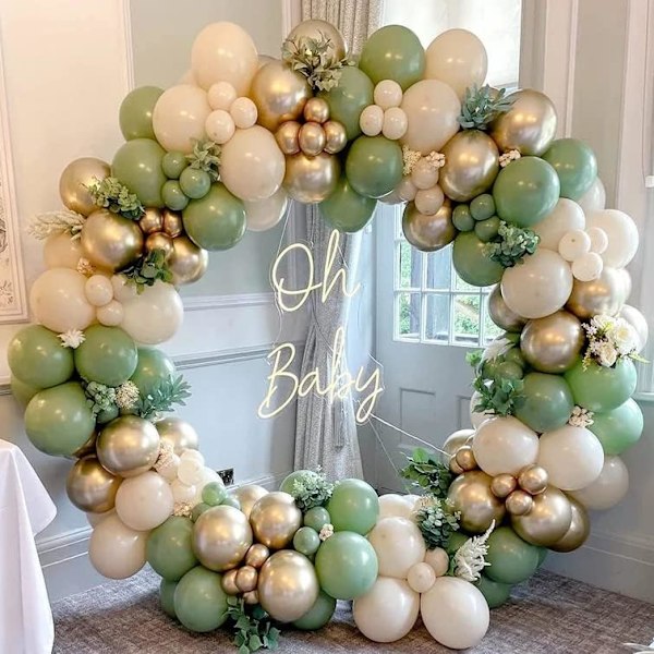 Grønn ballongkranssett, buet ballong til bursdag, avokado grønn bursdagsdekorasjon, olivengrønn hvit babyshower, dåp