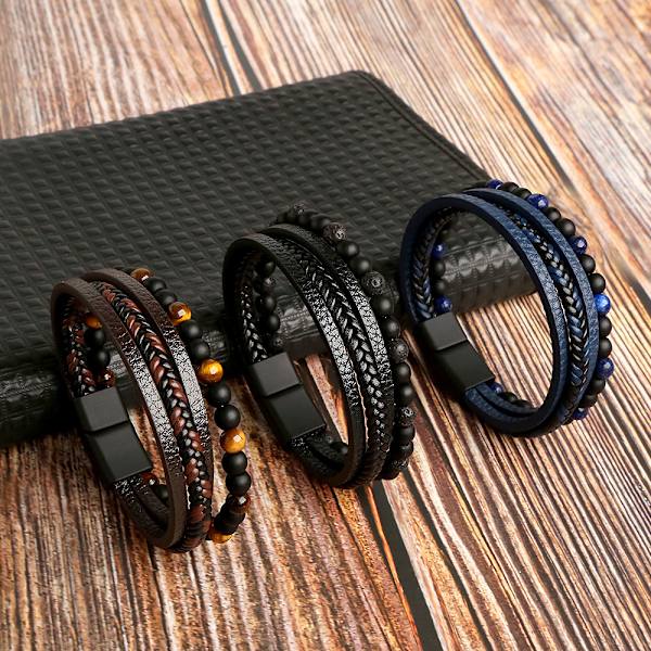 Premium lærperle armbånd for menn, gravert med inspirerende ord, justerbar