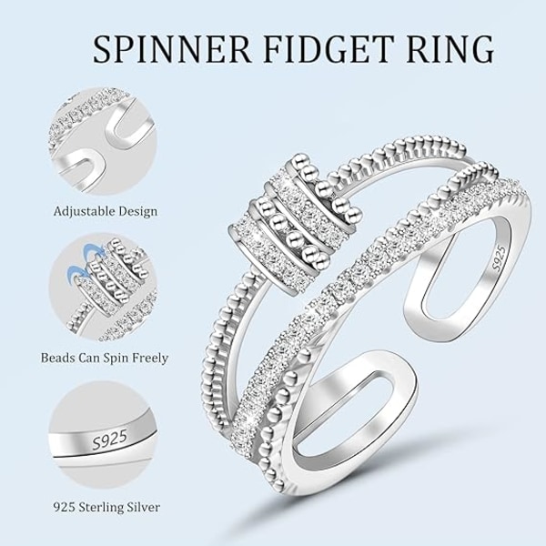 （Diamant） Fidget-ring, Angstring for kvinner, Sterlingsølv 925 F