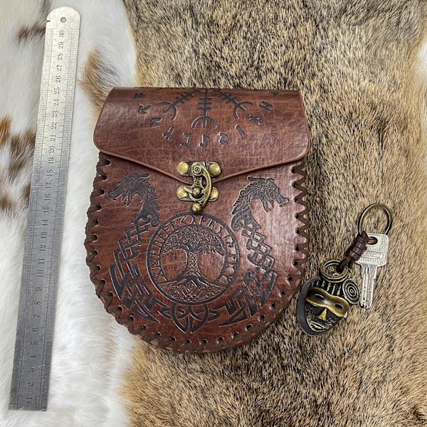Brun Präglad Bältesväska, Vintage Viking Läder Midjeväska