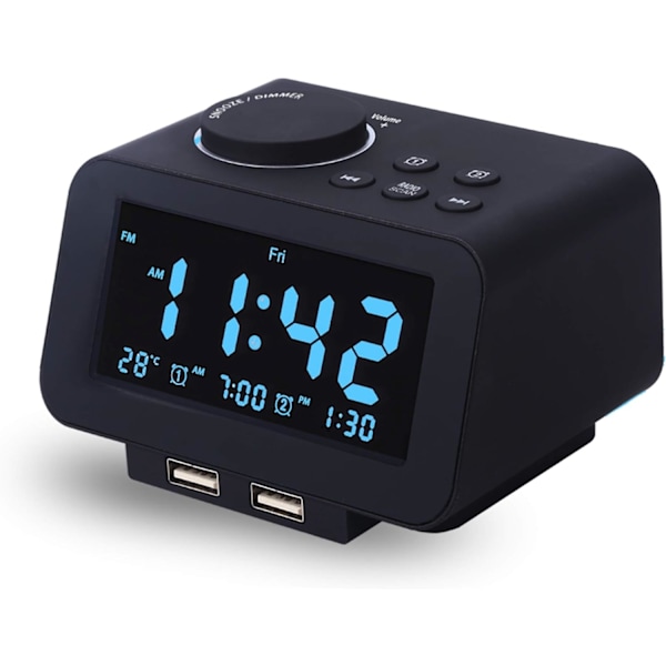 Digital vækkeur, FM-radio, dobbelt USB-opladningsporte, temperatur