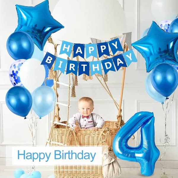 Ballong for 4-årsdag for gutt, blå dekorasjon for 4-årsdag