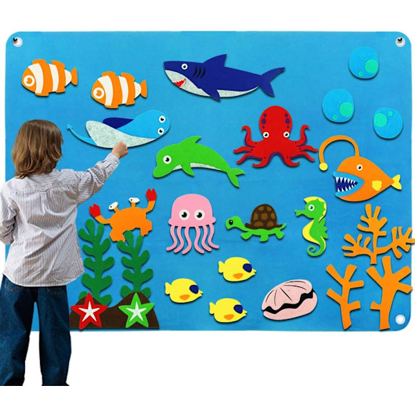 Ocean Felt Board Story Set för Småbarn Barn Under Havet Flanell-Berättelser Haj Bläckfisk Leksaker Väggaktivitet Storytel