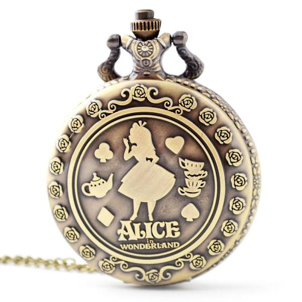 Alice-aiheinen pronssi-kvartsi taskukello kaulakoru