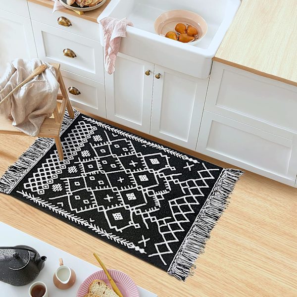 1 Stk Boho Badeværelsesmåtte, Boho Måtte Køkkenløber Sort og Hvid