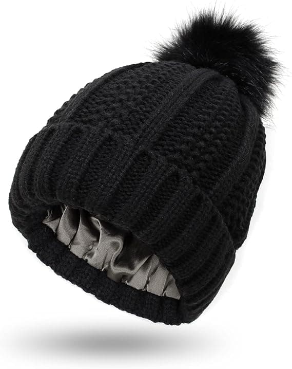 Vinter Beanie Hat til Kvinder med Satinfor og Kunstig Pels Pom Pom