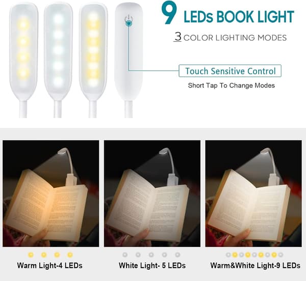 Leselys, 9 LED Oppladbart Leselys med Berøringsbryter
