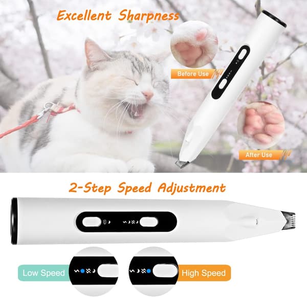 Hunde- og Katteklipper, Hundefrisør, Lydløs, USB-opladelig, Hvid
