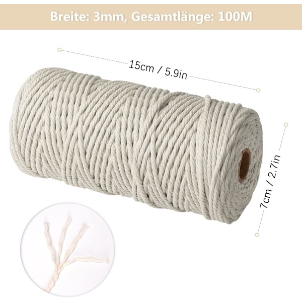 Makramé-rep - 3 mm x 100 m - Naturligt bomullsgarn för väggbonader