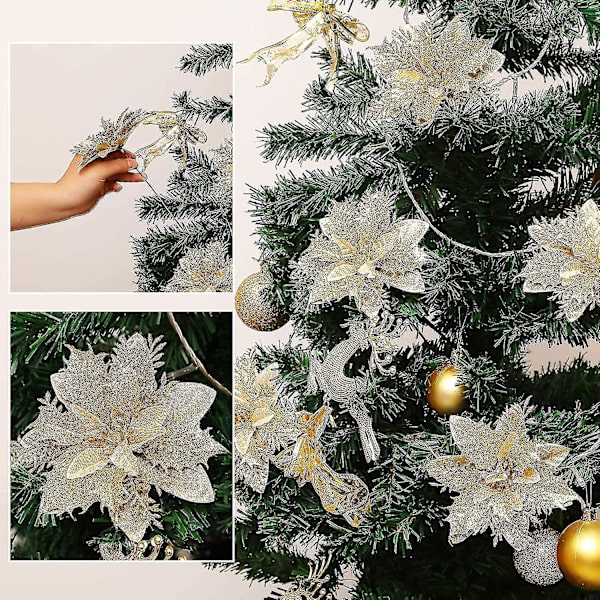 12 stk. Juleglitter Kunstige Blomster, 14 cm Juleblomster Dekoration