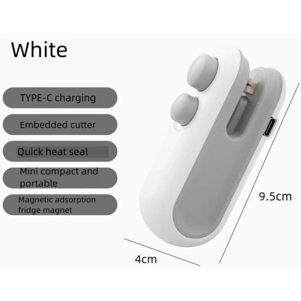 Miniposeforsegler, USB-C ladbare poseforsegler, 2 i 1 poseforsegler varmesikring med kutter og magnet, Mini poseforsegler Ma