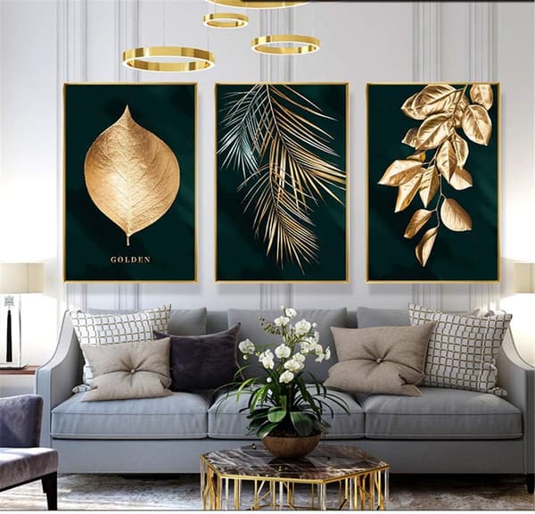 Set med 3 Designväggposter Skog Guld Blad Palmträd Ramlös