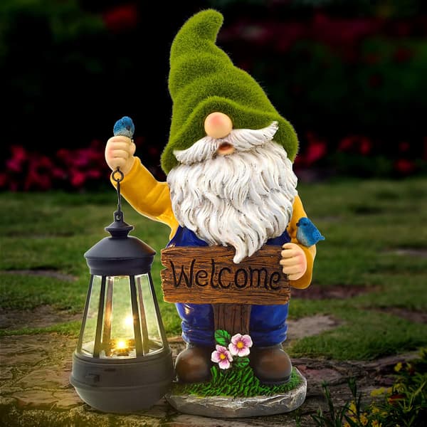 Havefigur til haven - Flocked Havefigur med Lanterne og Solcelle-LED Lys | Havepynt til Terrasse