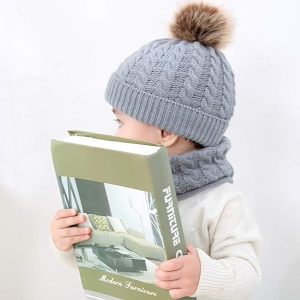 2-pack Bebis Stickad Mössa Halsduk Vinter Varm Beanie Hatt med Pompom